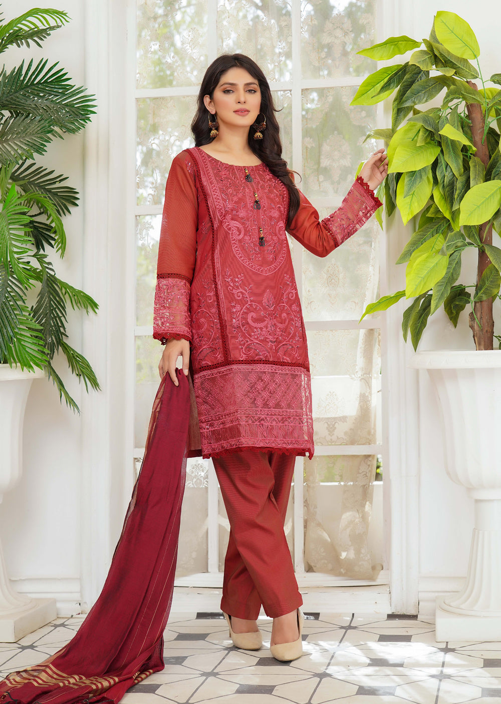 KLD127 Red Readymade Winter Cotton Net Suit - Memsaab Online