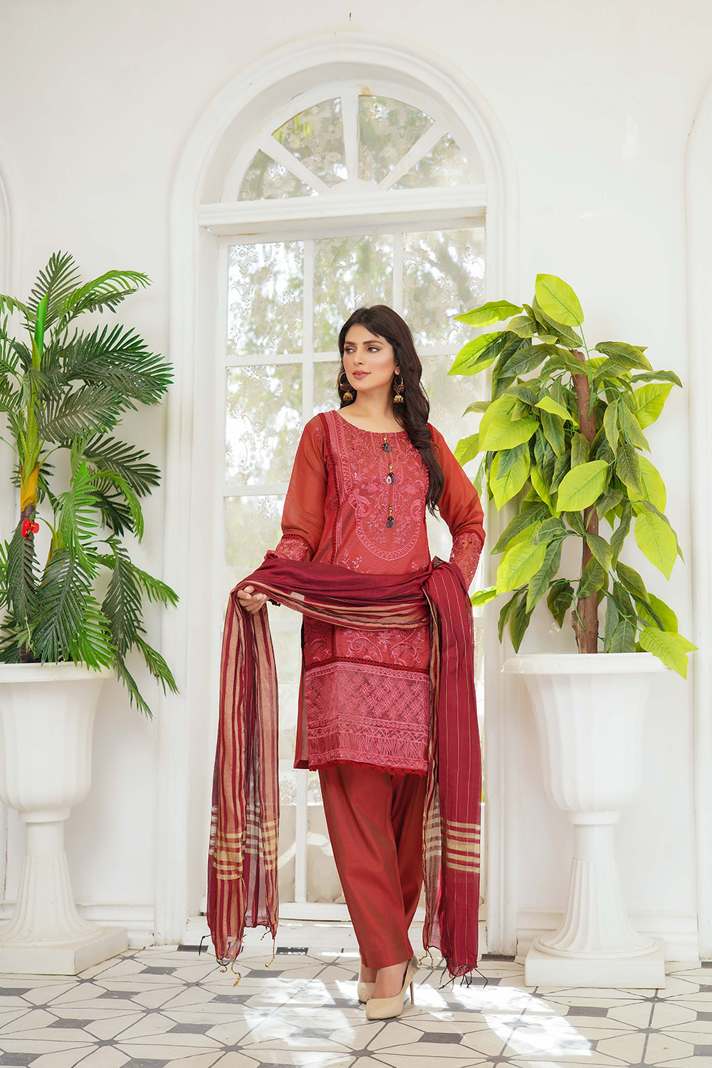 KLD127 Red Readymade Winter Cotton Net Suit - Memsaab Online