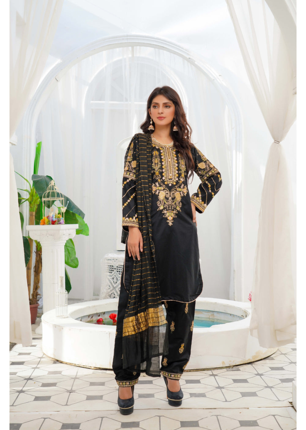 KLD128 Black Readymade Winter Cotton Net Suit - Memsaab Online