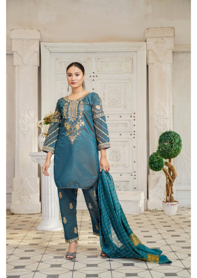 KLD128 Teal Readymade Winter Cotton Net Suit - Memsaab Online