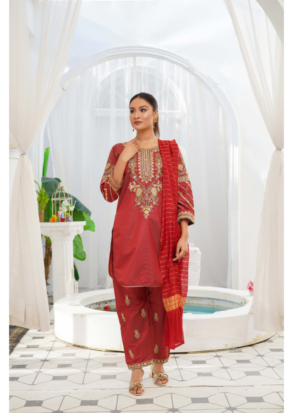 KLD128 Red Readymade Winter Cotton Net Suit – Memsaab