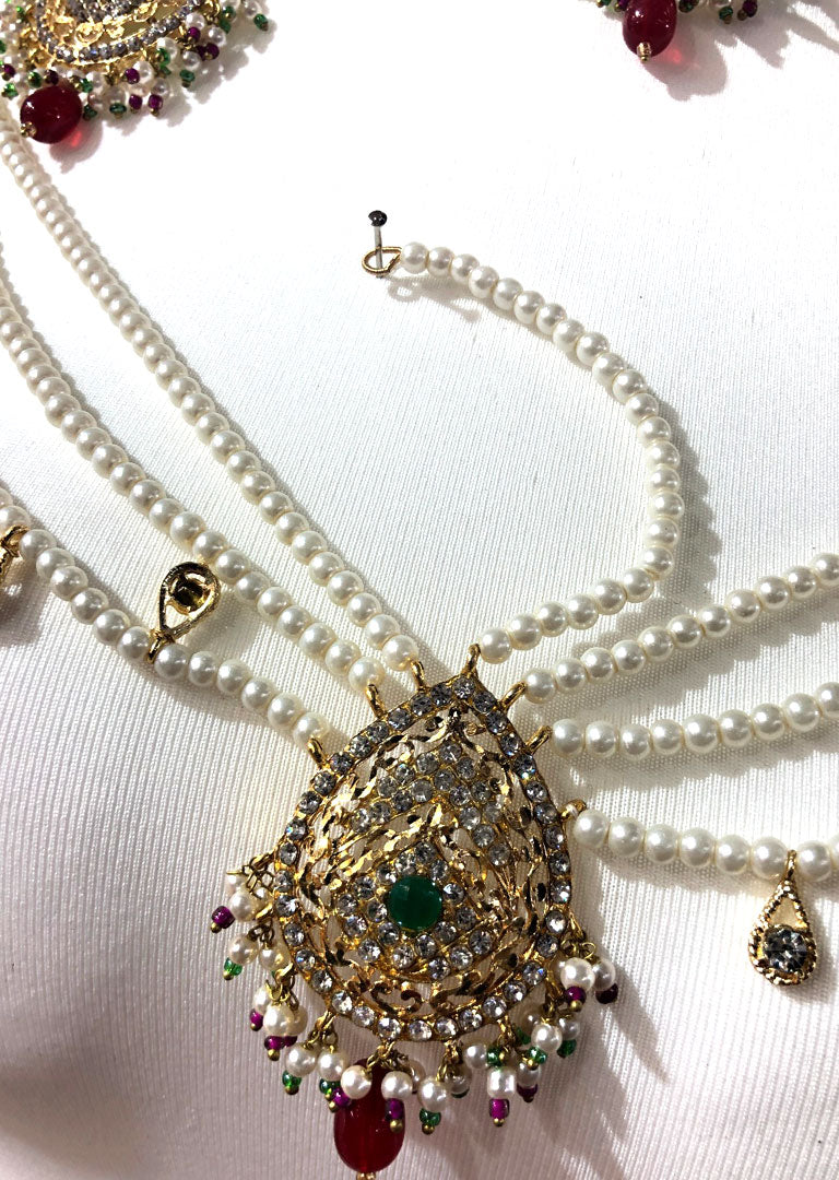 Maroon/Green - Aari Gold Plated Necklace Set with Fresh Water Pearls - Memsaab Online