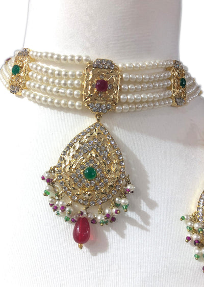 Maroon/Green - Aari Gold Plated Necklace Set with Fresh Water Pearls - Memsaab Online