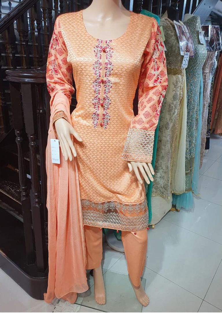 HK13 Readymade Peach Embroidered Linen Suit - Memsaab Online
