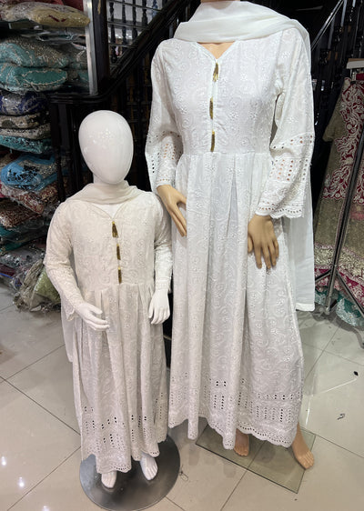 RGZ641 White Mother & Daughter Linen Readymade Suit - Memsaab Online