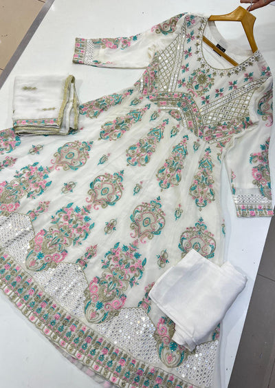 SHAZ6542 White Readymade Chiffon Suit - Memsaab Online