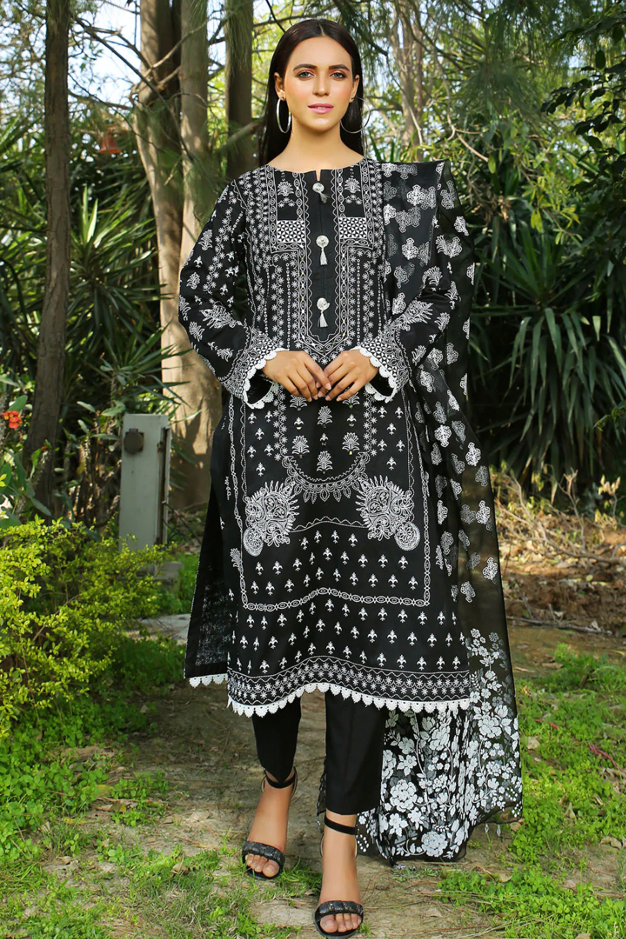 MDM102 - Madame Black Readymade Cotton lawn Suit - Memsaab Online