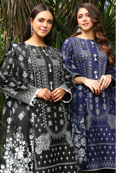 MDM102 - Madame Black Readymade Cotton lawn Suit - Memsaab Online