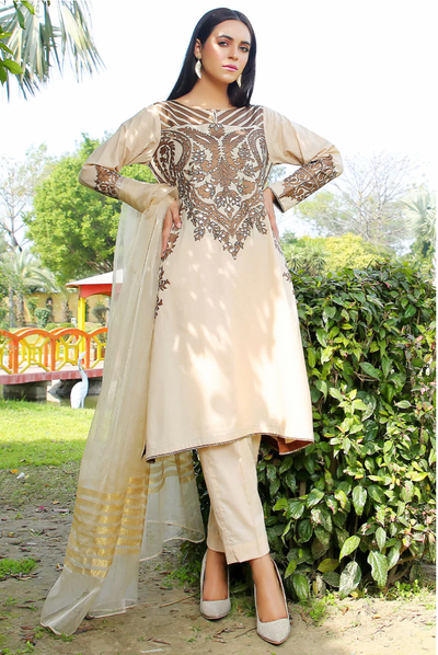 MDM104 - Madame Gold Readymade Cotton lawn Suit - Memsaab Online
