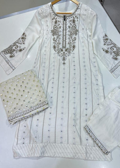 ZN2505 White Readymade Kotrai Linen Suit - Memsaab Online