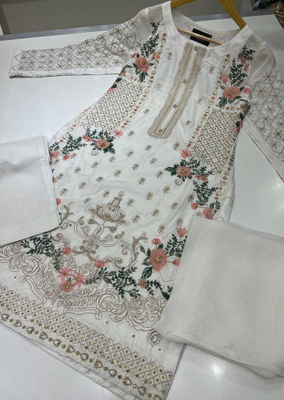HK110 Safia - White Readymade Linen Suit - Memsaab Online
