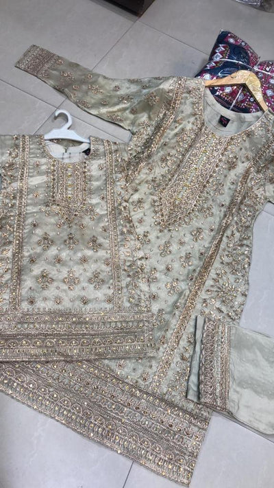 BP1101 Gold Readymade Organza Mother& Daughter Suit - Memsaab Online