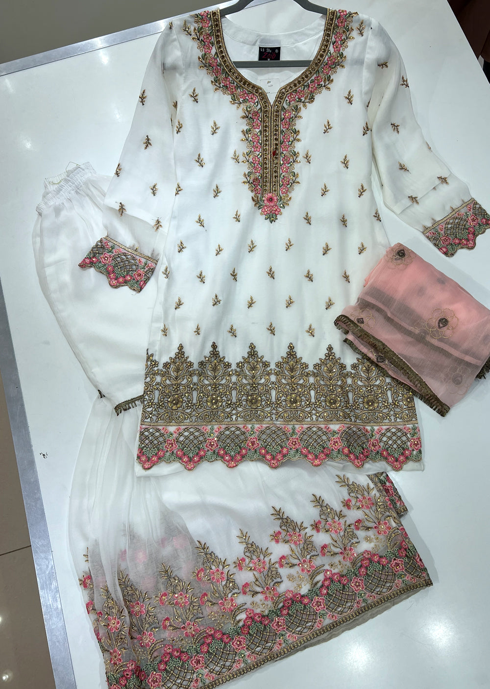 SHAZ6504 White/Pink Readymade Dress - Memsaab Online