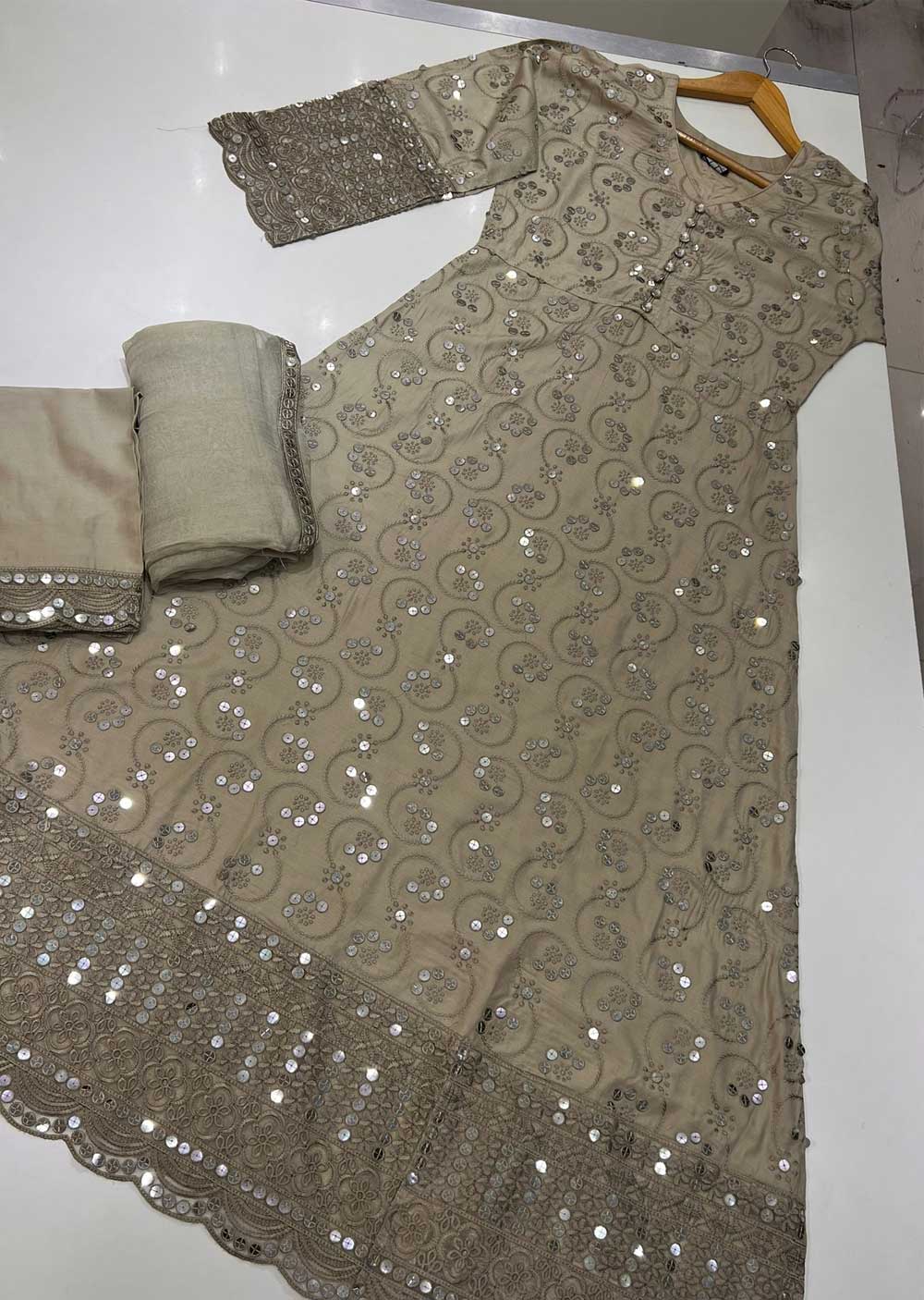 BP5508 Beige Linen Readymade Long Dress - Memsaab Online