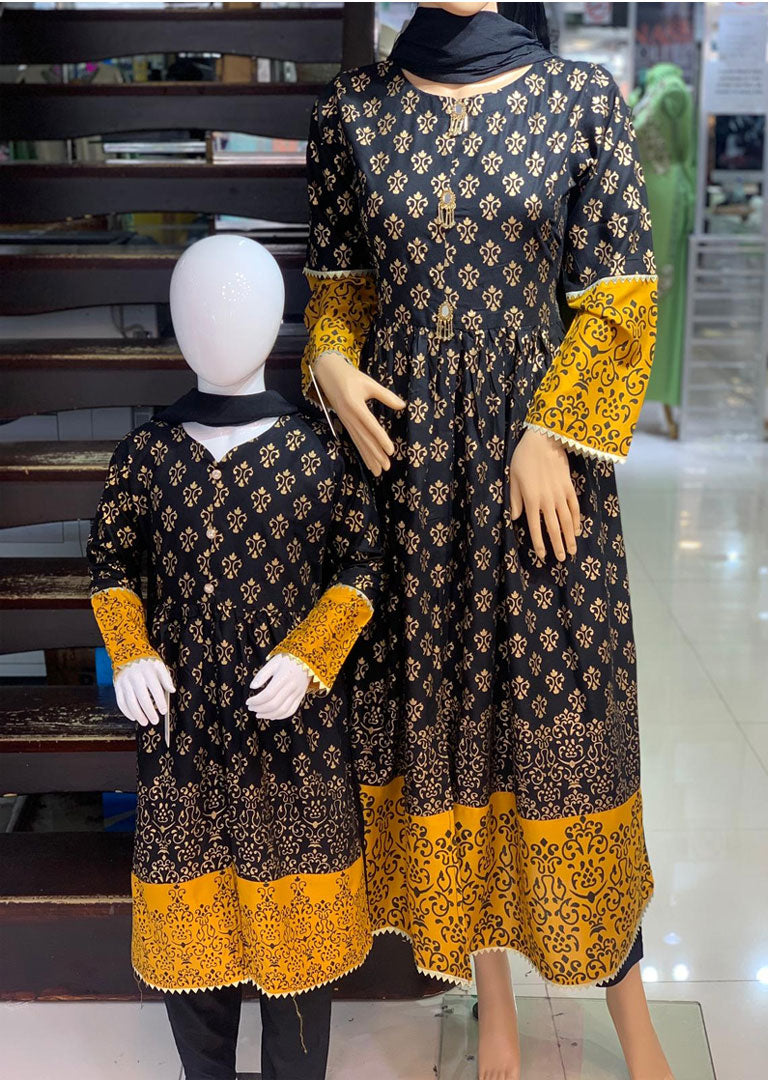 HK51 Mother & Daughter Black Block Print Linen Dress - Memsaab Online