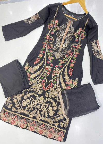 HK198 Dhirar - Readymade Black Linen Suit - Memsaab Online