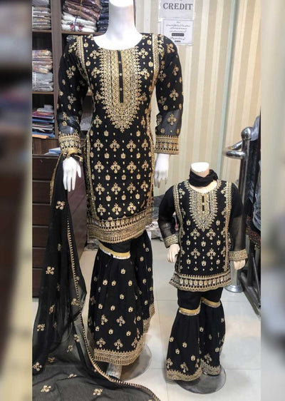 SHAZ6545 Black Readymade Shararah Mother & Daughter Suit - Memsaab Online