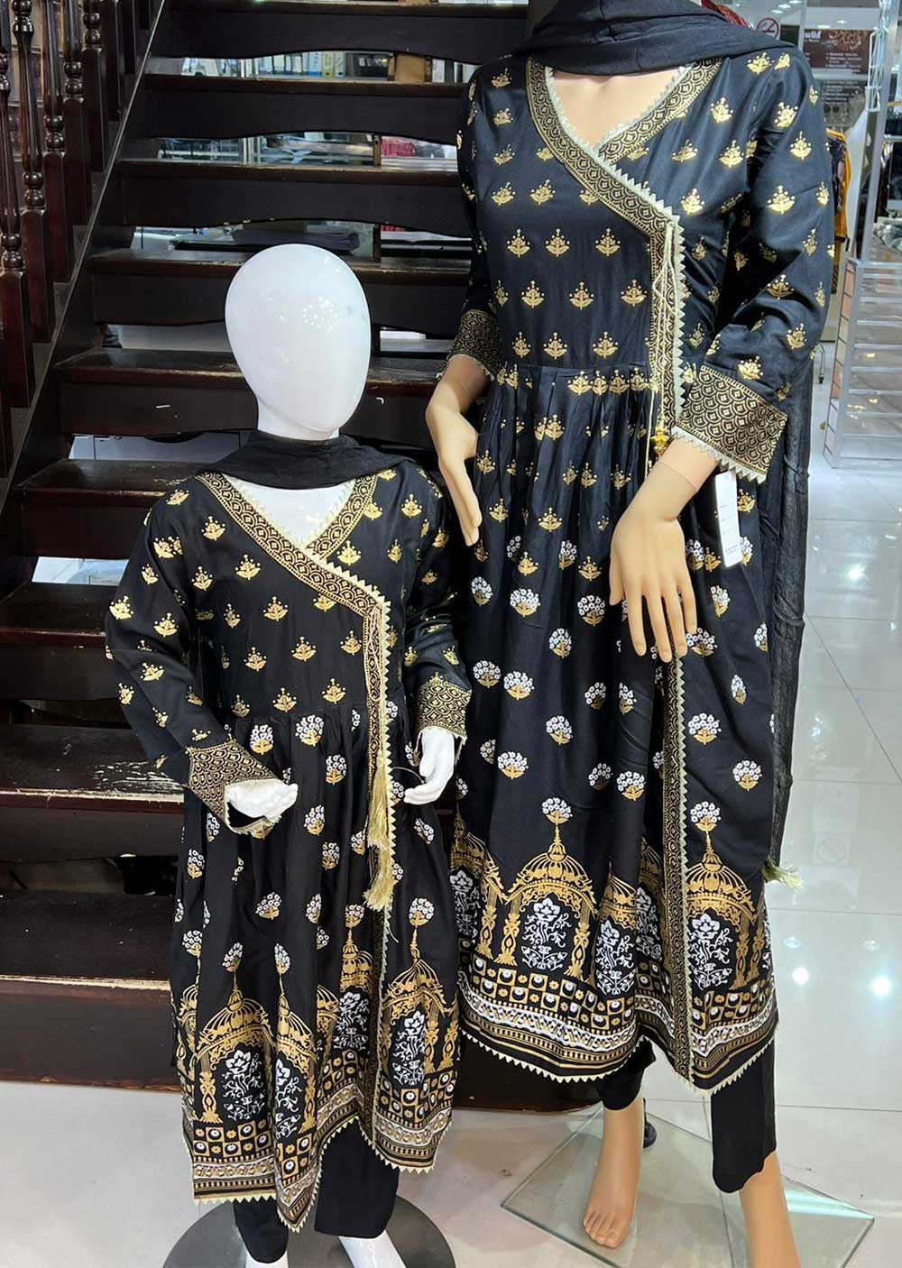 HK76 Xaolin Readymade Black Linen Mother & Daughter Dress - Memsaab Online