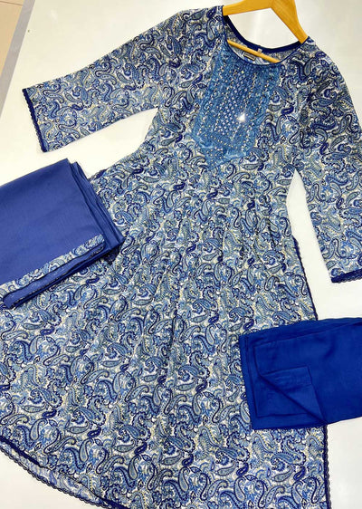 RGZ9918 Blue Paisley Crepe Dress - Memsaab Online