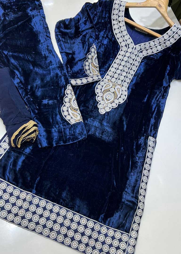 NR8115 Pakiza - Navy Readymade Velvet Suit - Memsaab Online