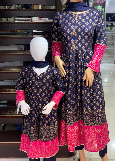 HK51 Mother & Daughter Navy Block Print Linen Dress - Memsaab Online