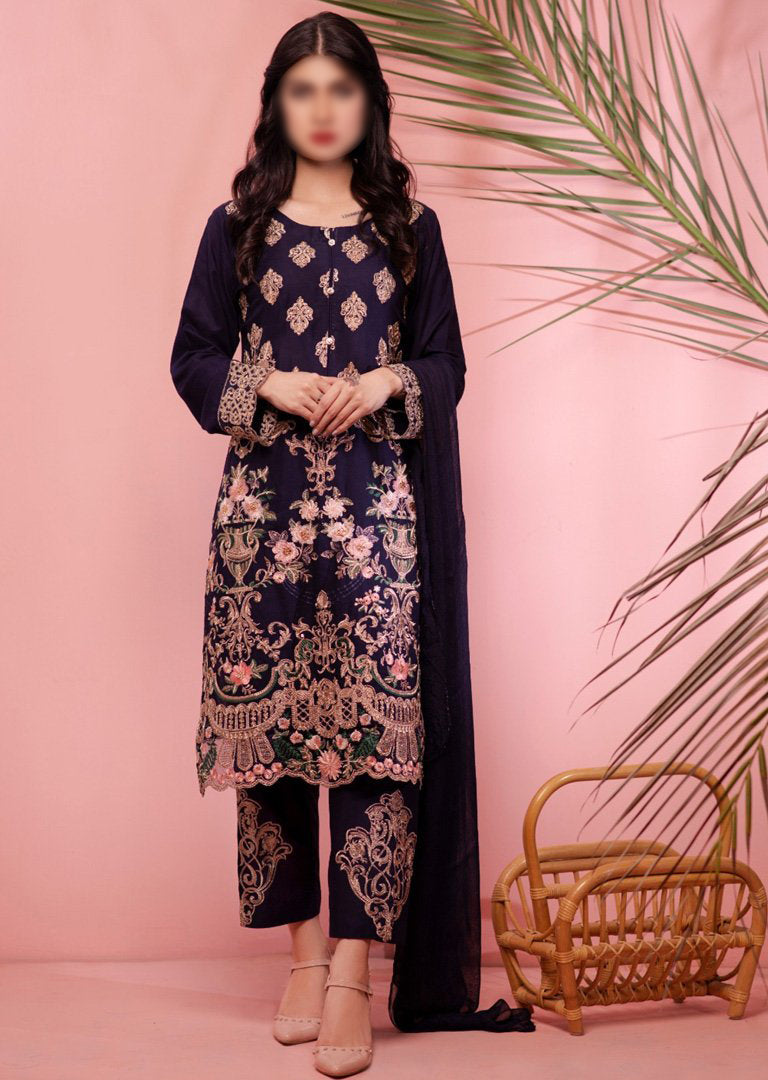 HK08 Readymade Blue Mother & Daughter Embroidered Linen Suit - Memsaab Online