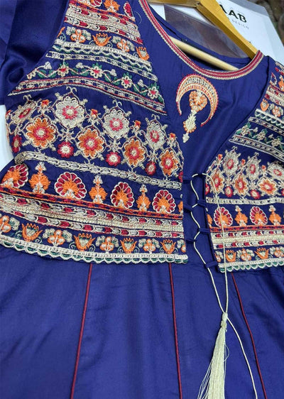HK201 Areej Readymade Blue Linen Jacket Dress - Memsaab Online
