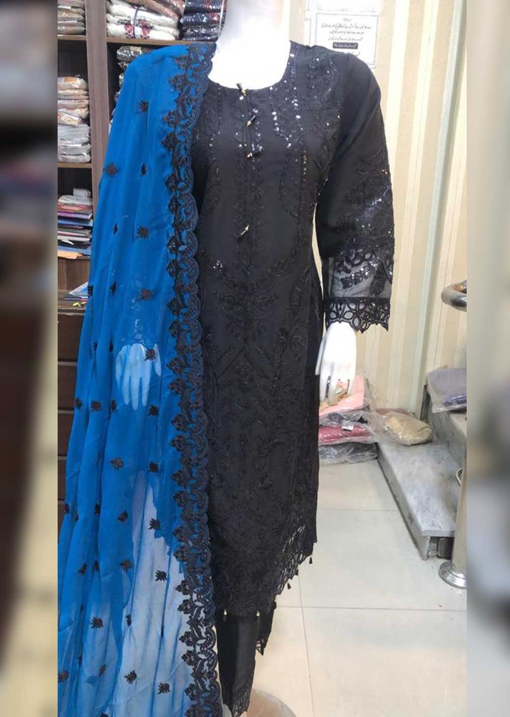 BP1103 Black/Teal Readymade Chiffon Suit - Memsaab Online