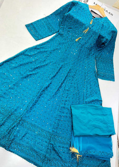 RGZ99905 Bright Teal Embroidered Linen Long Dress - Memsaab Online