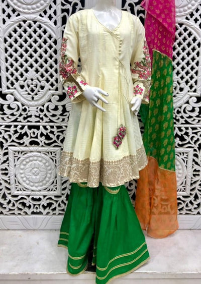 CK-739-A - Cream/Green Readymade Mother & Daughter Suit by Ally's - Memsaab Online