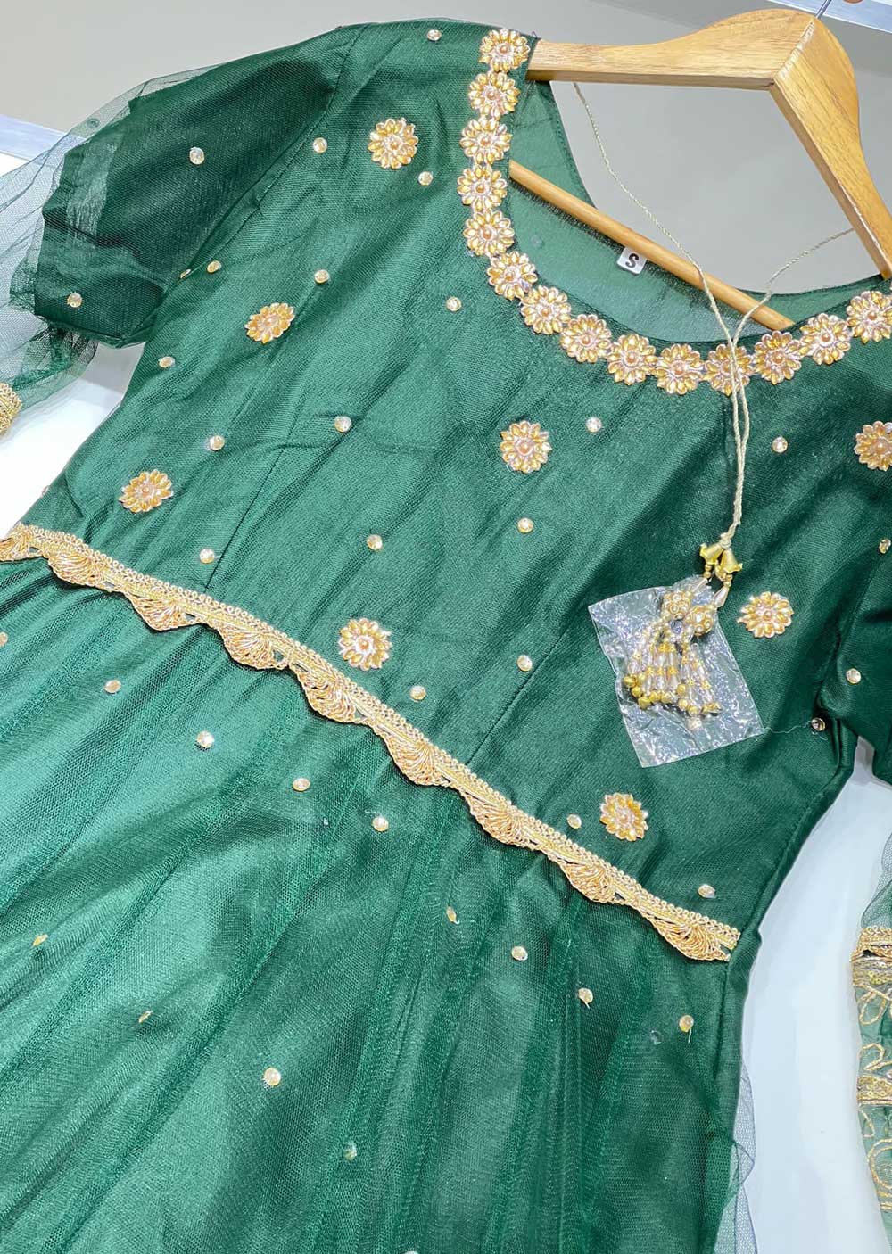 DD507 Dark Green Readymade Net Dress - Memsaab Online
