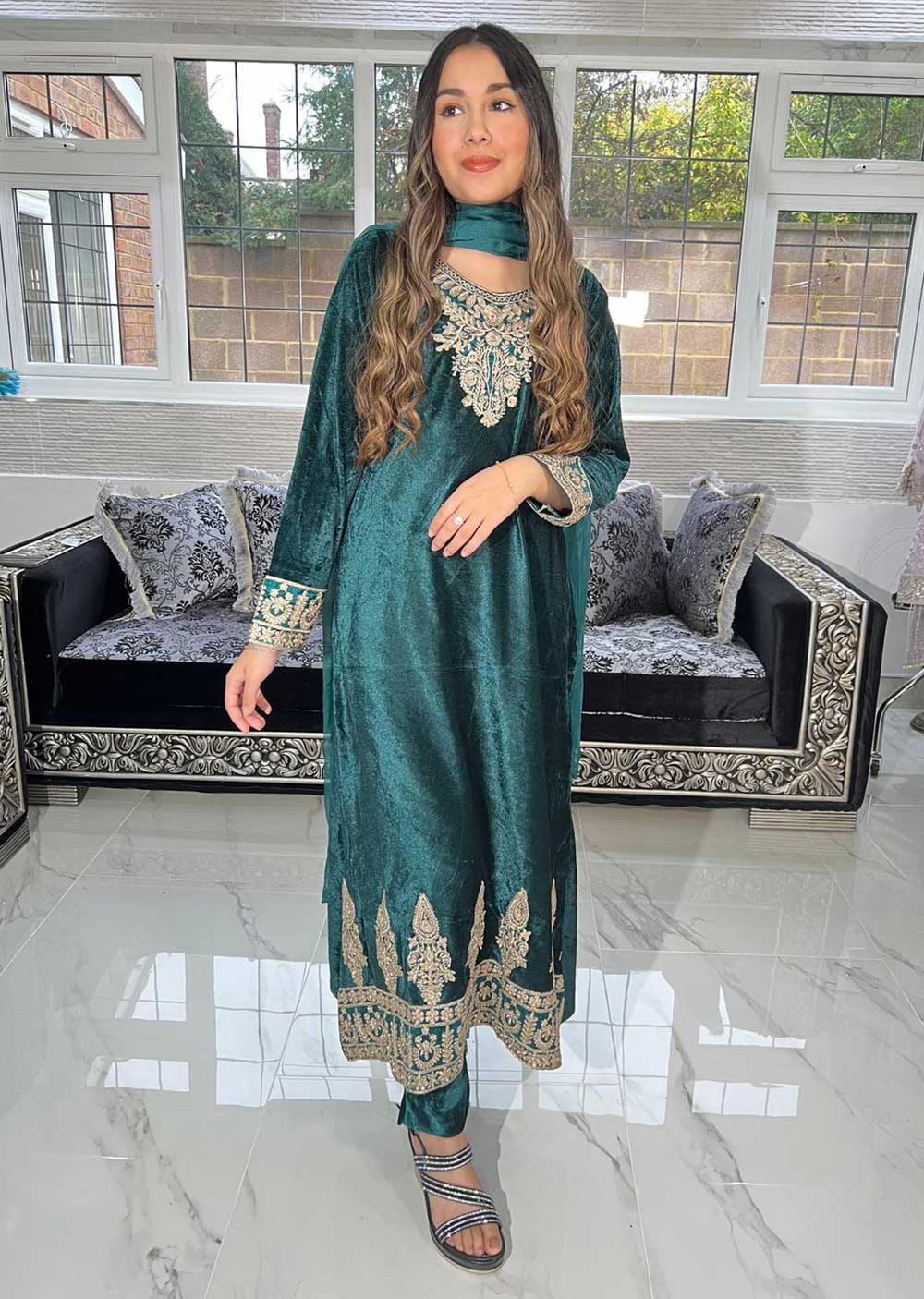 RGZ782 Green Readymade Embroidered Velvet Suit - Memsaab Online