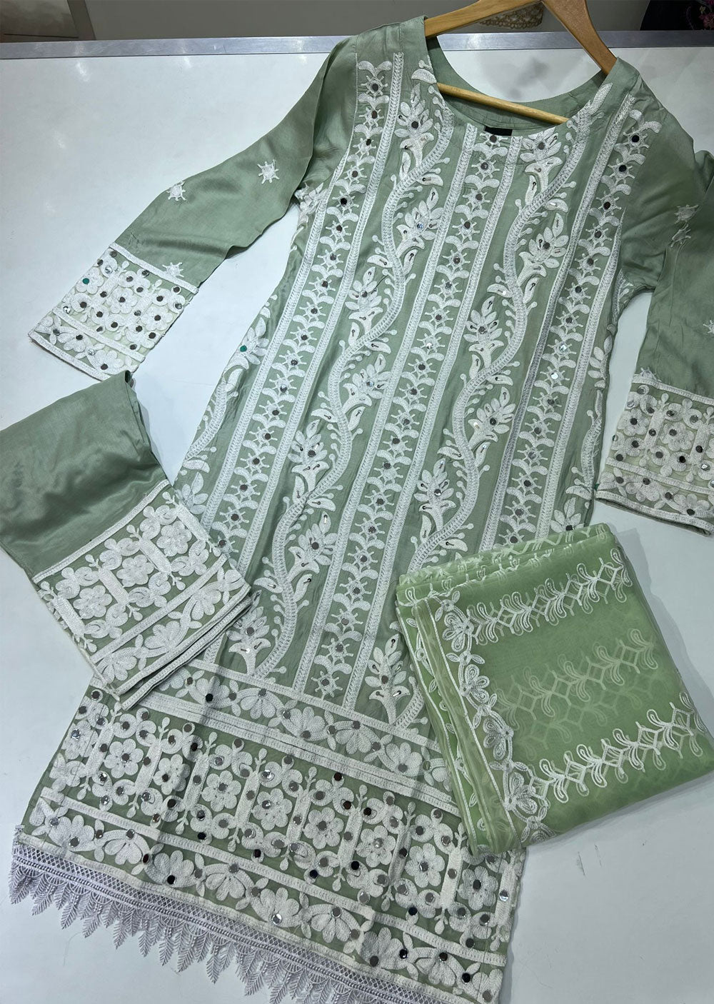 RGZ677 Green Linen Mother & Daughter Readymade Suit - Memsaab Online