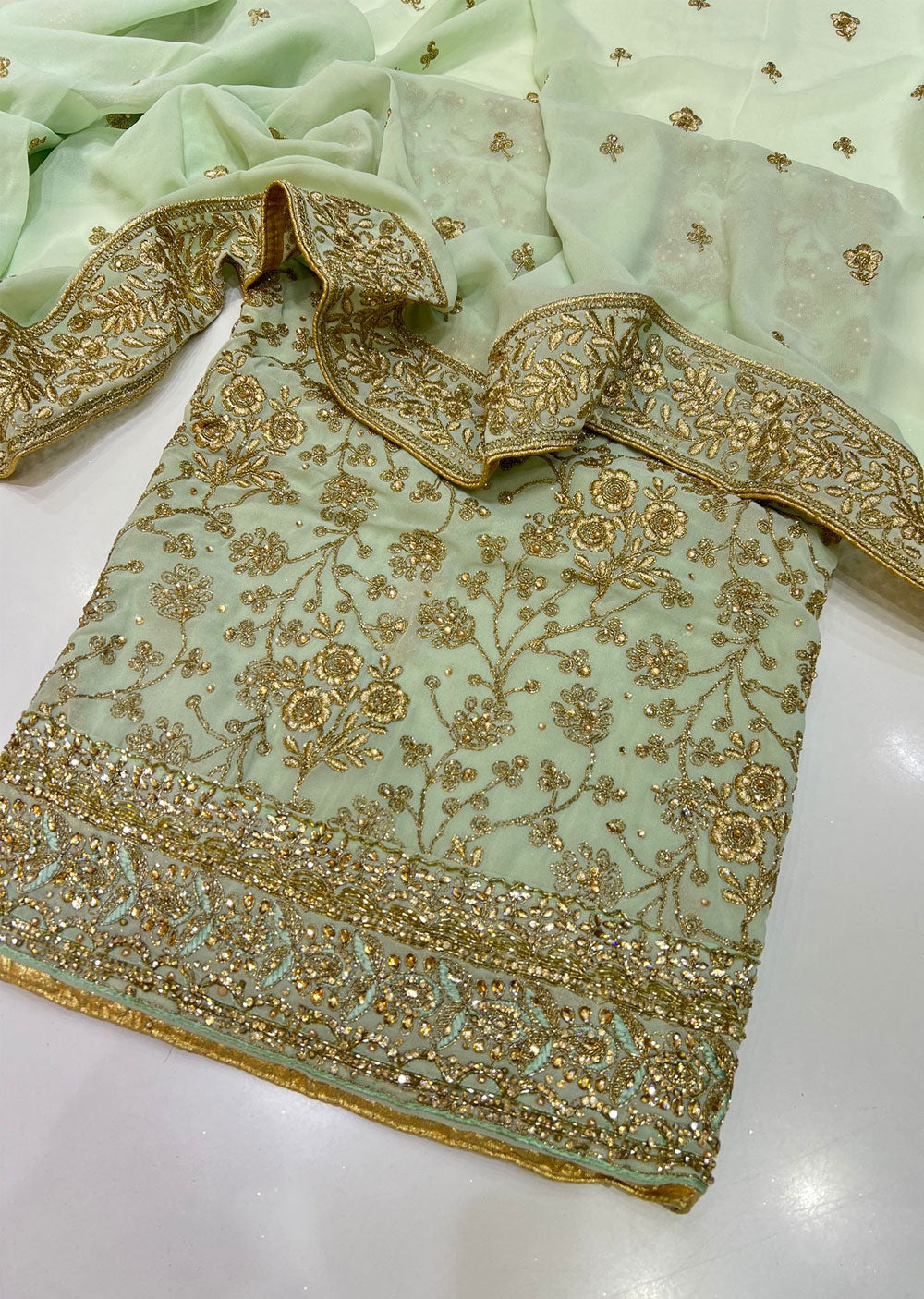 OP10015 Mint Unstitched Georgette Suit - Memsaab Online