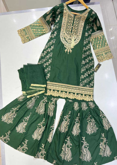 HK181 Bekhud Readymade Green Linen Mother & Daughter Suit - Memsaab Online