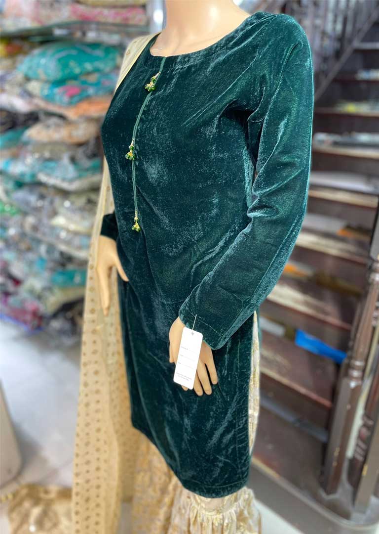 HK114 Green Readymade Velvet Suit - Memsaab Online