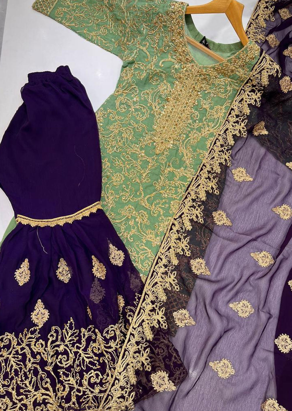 SHAZ6522 Green/Purple Readymade Mother & Daughter Suit - Memsaab Online