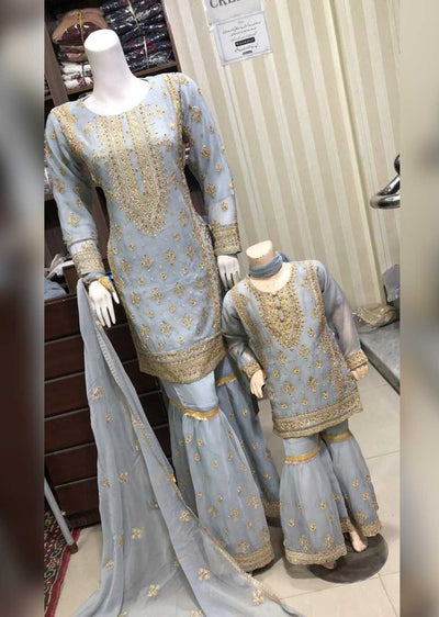 SHAZ6545 Grey Readymade Shararah Mother & Daughter Suit - Memsaab Online