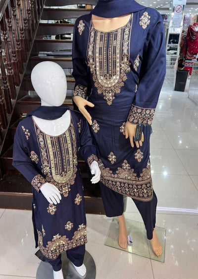 HK121 Readymade Navy Zeena Mother & Daughter Linen Suit - Memsaab Online