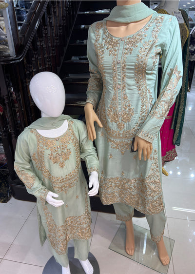 HK126 Habiba Mint Readymade Mother & Daughter Suit - Memsaab Online