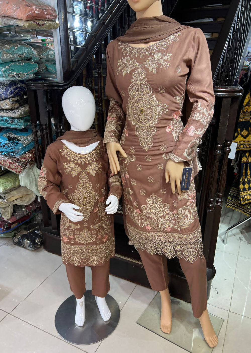 HK128 Rahat Brown Readymade Mother & Daughter Suit - Memsaab Online