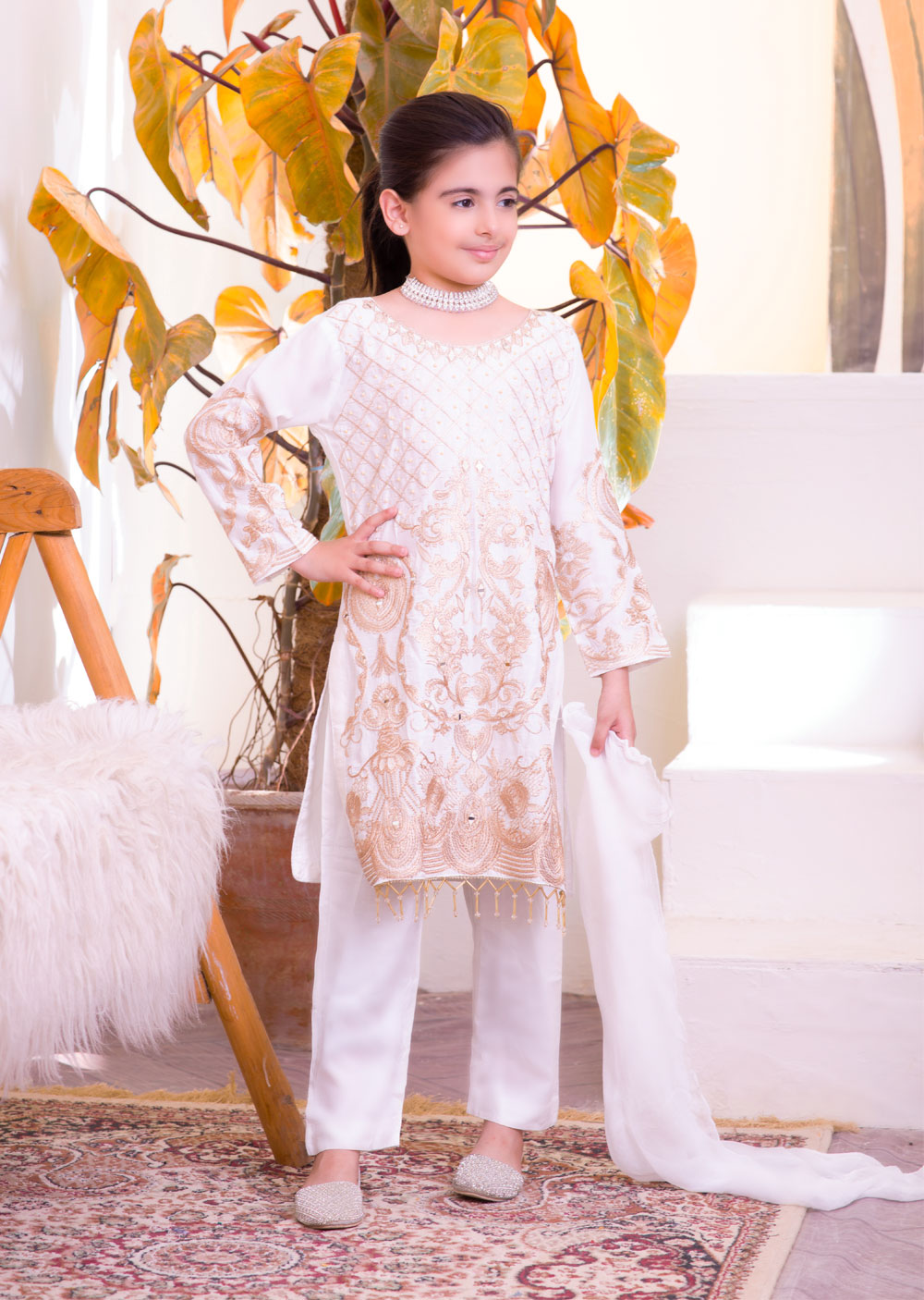 HK129 Givani White Readymade Mirror Mother & Daughter Suit - Memsaab Online