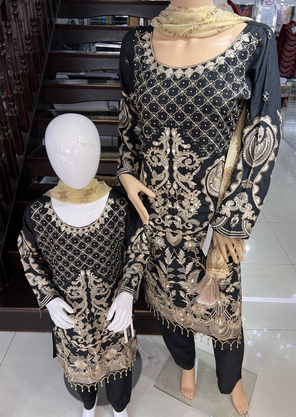 HK129 Givani Black Readymade Mirror Mother & Daughter Suit - Memsaab Online