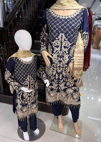 HK129 Givani Navy Readymade Mirror Mother & Daughter Suit - Memsaab Online