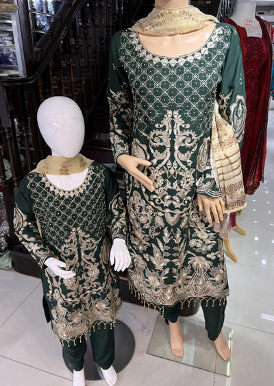 HK129 Givani Green Readymade Mirror Mother & Daughter Suit - Memsaab Online