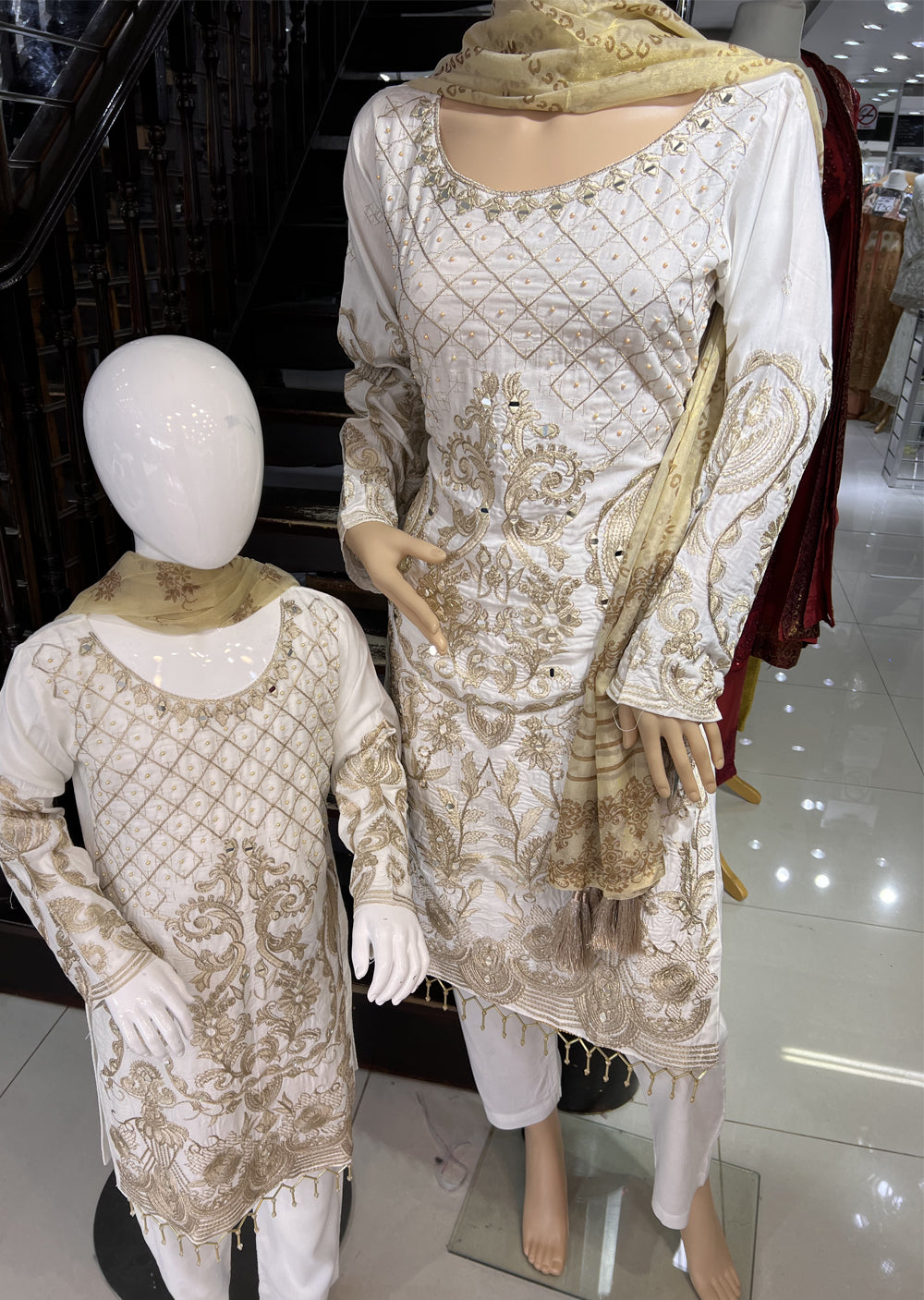HK129 Givani White Readymade Mirror Mother & Daughter Suit - Memsaab Online