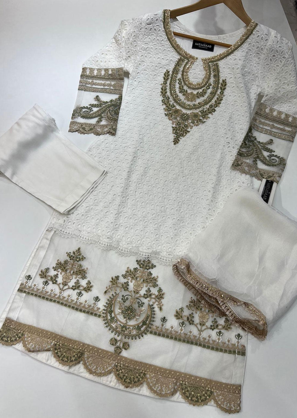 HK140 Limelight White Readymade Chickenkari Suit - Memsaab Online