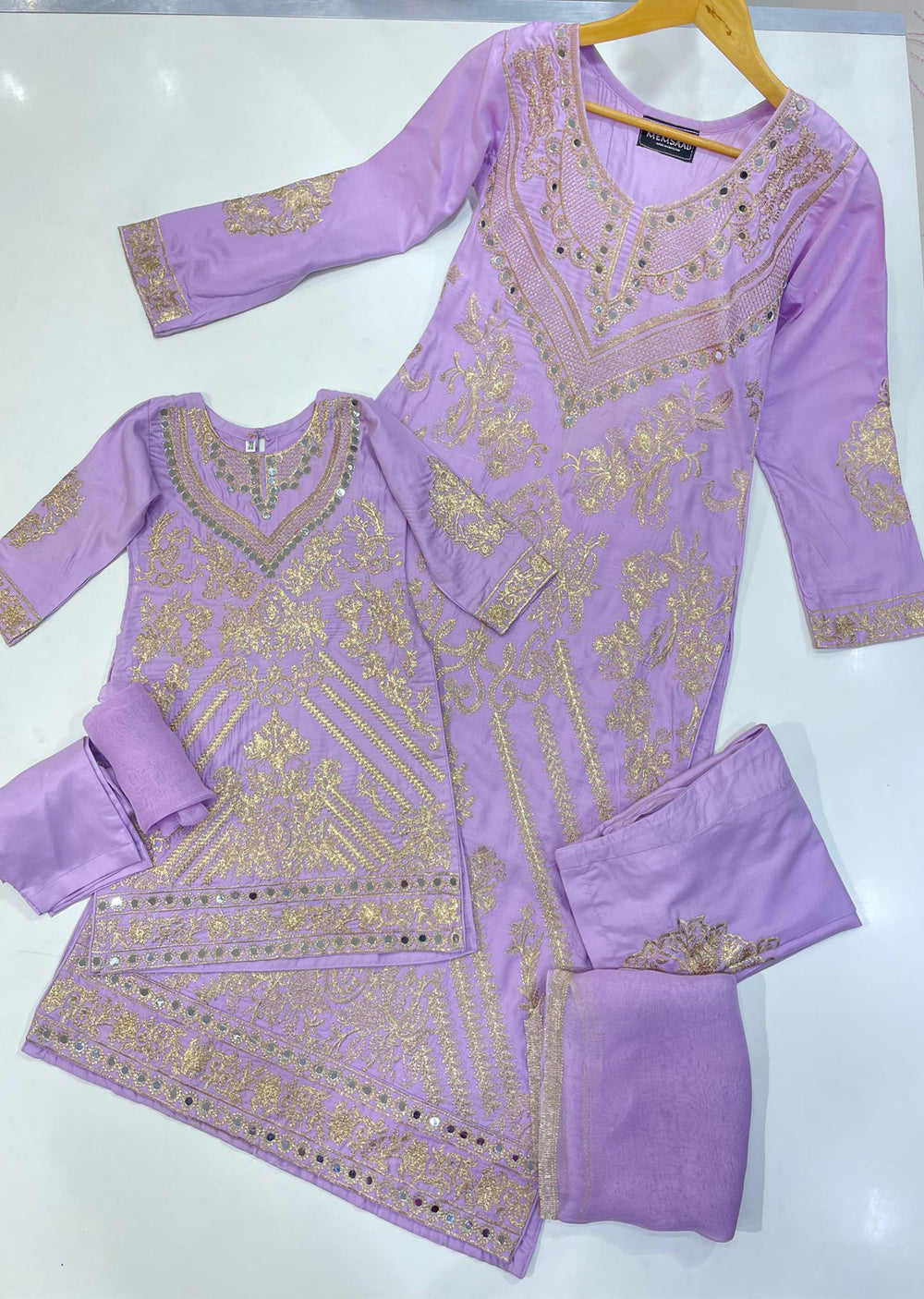 HK192 Barzakh Lilac Readymade Linen Mother & Daughter Suit - Memsaab Online