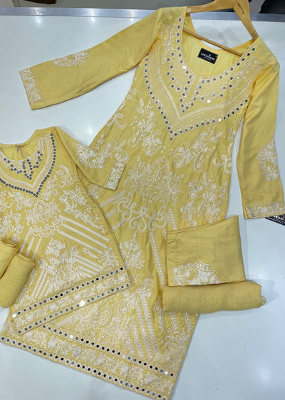 HK192 Barzakh Lemon Readymade Linen Mother & Daughter Suit - Memsaab Online