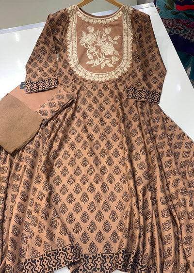 HK47 Brown Embroidered Linen Suit - Memsaab Online